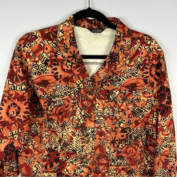 Attitude Artsy Aztec Button Front Embellished Jacket Large Petite Brown Orange - Picture 3 of 12